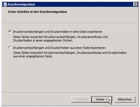 Druckverwaltung - Migration - Export auswählen