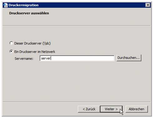 Druckverwaltung - Migration - Quellserver auswählen