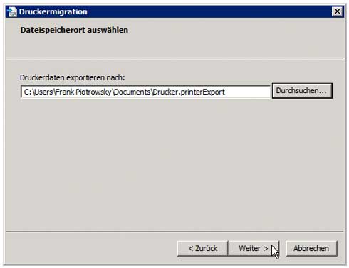Druckverwaltung - Migration - Exportdatei Speicherplatz wählen