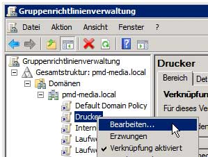 Druckverwaltung - Gruppenrichtlinie zur Druckerverteilung anlegen - Gruppenrichtlinie bearbeiten