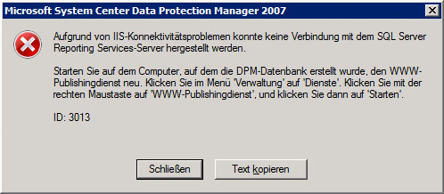 IIS-Konnektivitäts-Fehlermeldung vom SQL Server Services-Server