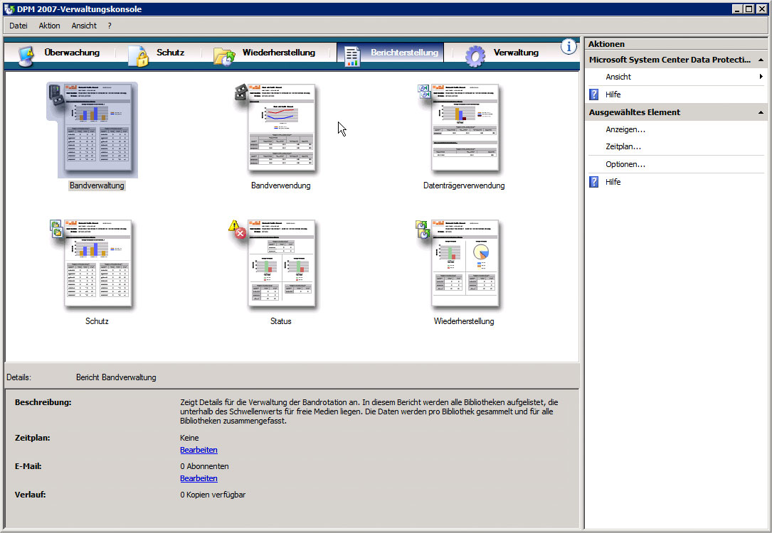 DPM-Verwaltungskonsole mit funktionierender Berichterstattung