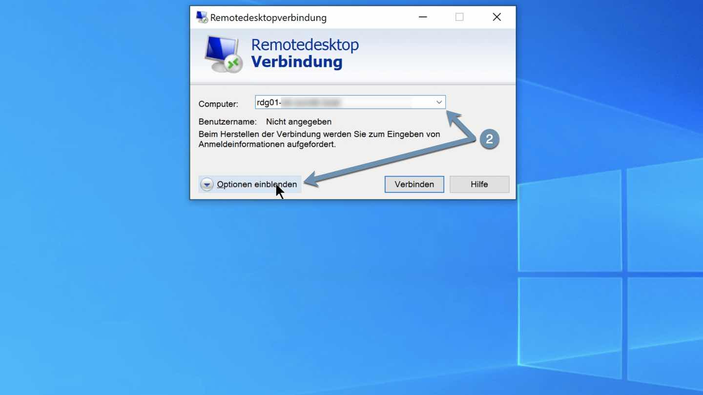 Lokalen Rechnernamen eingeben und Optionen einblenden klicken
