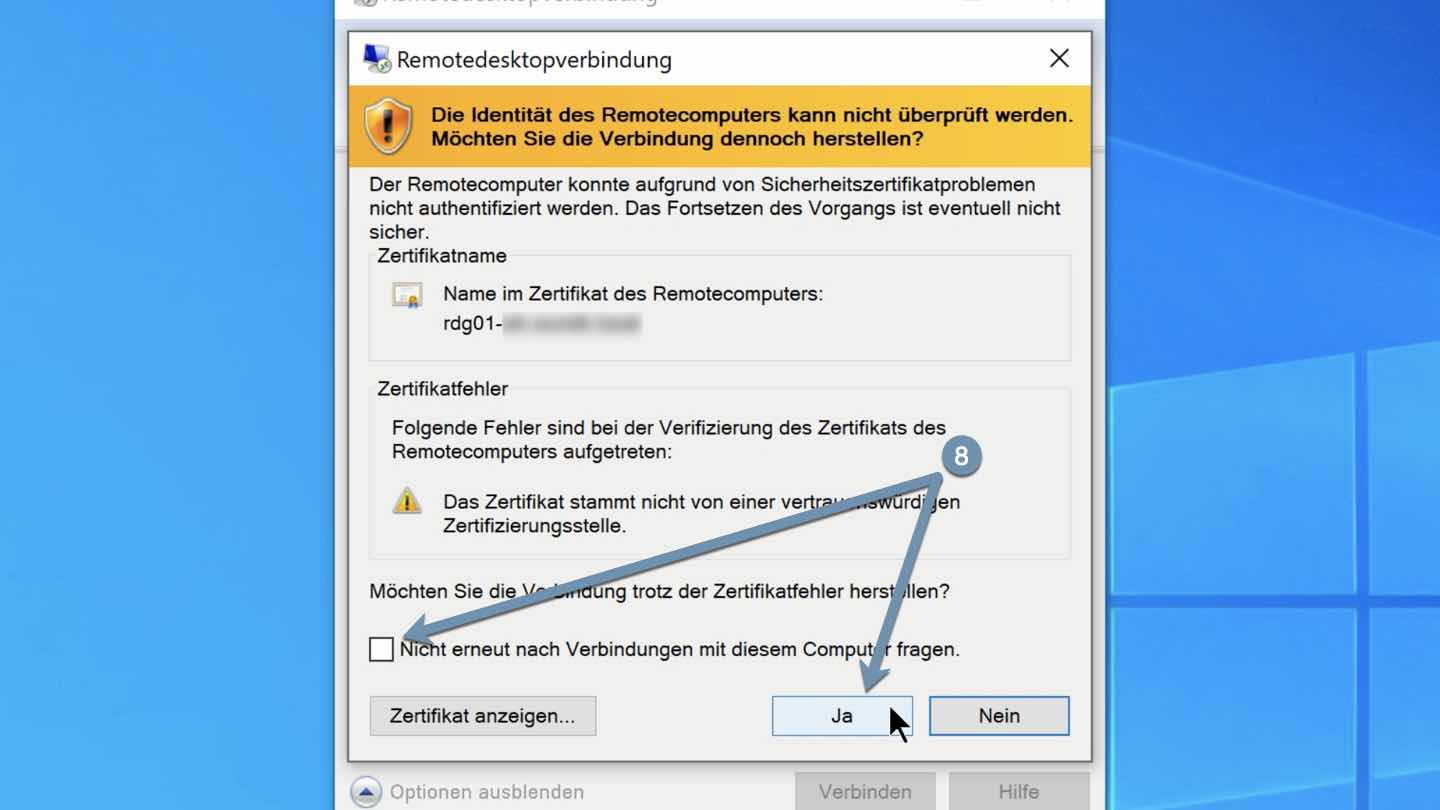Sicherheitszertifikat des lokalen Rechners akzeptieren